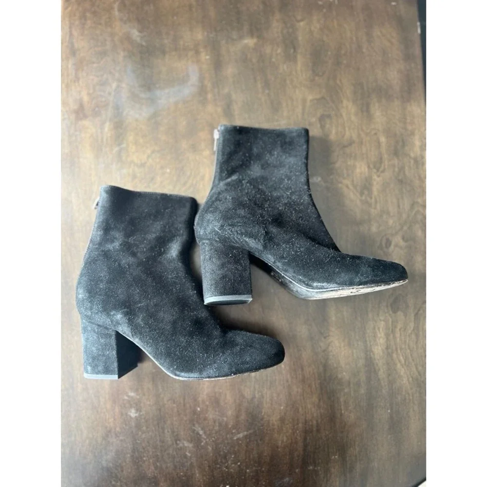 Free People Cecile Ankle Booties 38 8 Black Suede Leather Zip Back Block Heeled